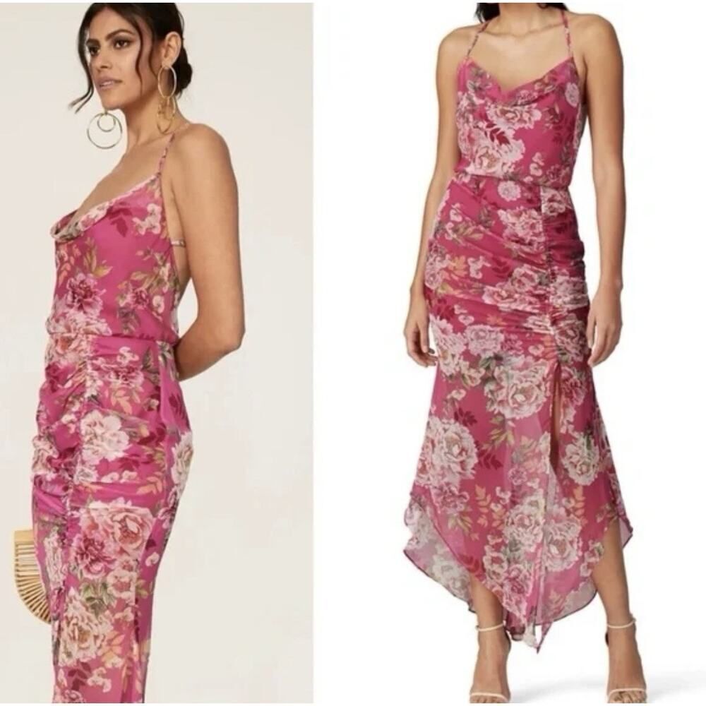 Sau Lee Freida Silk Pink Floral Maxi Dress US 12 Open Back Slit